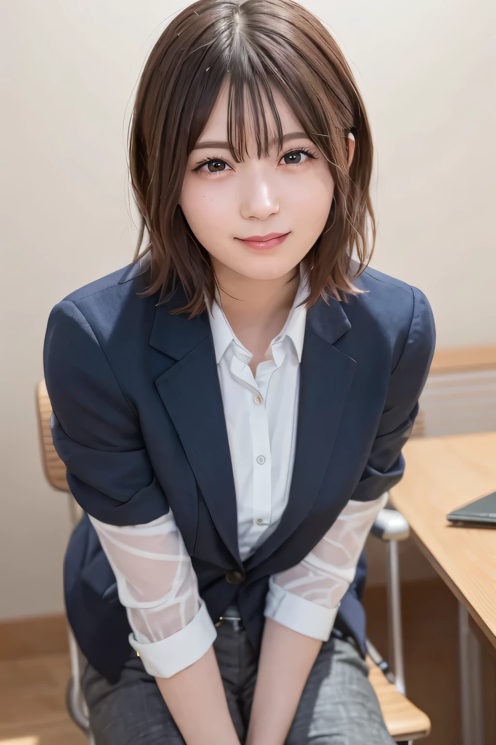 Top Quality, Photorealistic, 8k, High Definition, 1 Girl, Female, (Middle: 1.8), School, Library, , Blazer, Uniform, Pubic hair visible, No panties, Skirt boldly pulled up, ((Sit on chair and legs wide open)), Bend your knees and open your legs, Slightly shorter hairstyle, Stockings, Grab your knees with your hands and open your legs