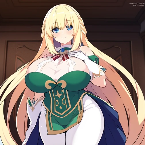 8k, 4k, intricate details, cinematic lighting, stunning environment, ornate, (realistic:1.1), detailed face, detailed eyes, detailed shadows, 1girl, curvy, blonde hair, blue eyes, blush, breasts, huge breasts, long hair, looking at viewer, white pantyhose, green and white dress, smile, solo, (vert_/neptune series/:1.1), very long hair, white gloves, white pantyhose,