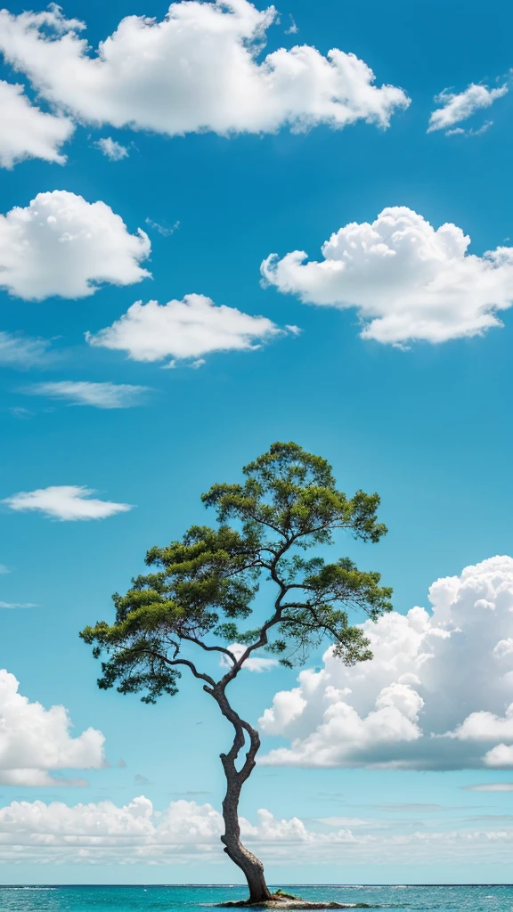 tree, no humans, cloud, sky, outdoors, house, day, smile, blue sky, aqua background, Rich colors, white cloudsï¼ aqichahua, illustration, flat color, Flat style, ocean, (Masterpiece), (best quality)