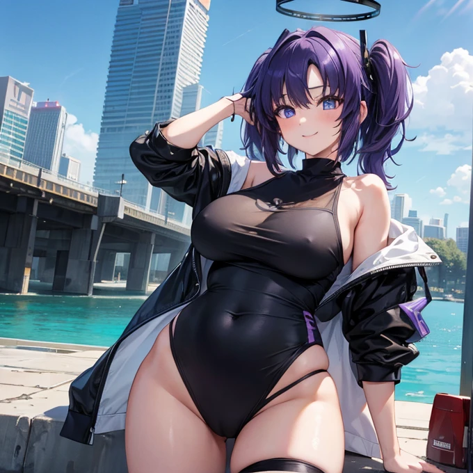 masterpiece,best quality,best resolusion,1 girl,detailed,Hayase Yuuka character,has a black halo above the head,Long purple hair in two pigtails,purple eyes,wearing a thin black t-shirt,wearing a black jacket open to the breasts,big breasts,smile,ultra high res,HDR,4K,beautiful face,beautiful hair,beautiful eyes,beautiful body,beautiful hand