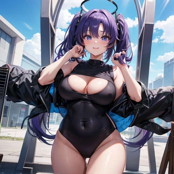 masterpiece,best quality,best resolusion,1 girl,detailed,Hayase Yuuka character,has a black halo above the head,Long purple hair in two pigtails,purple eyes,wearing a thin black t-shirt,wearing a black jacket open to the breasts,big breasts,smile,ultra high res,HDR,4K,beautiful face,beautiful hair,beautiful eyes,beautiful body,beautiful hand