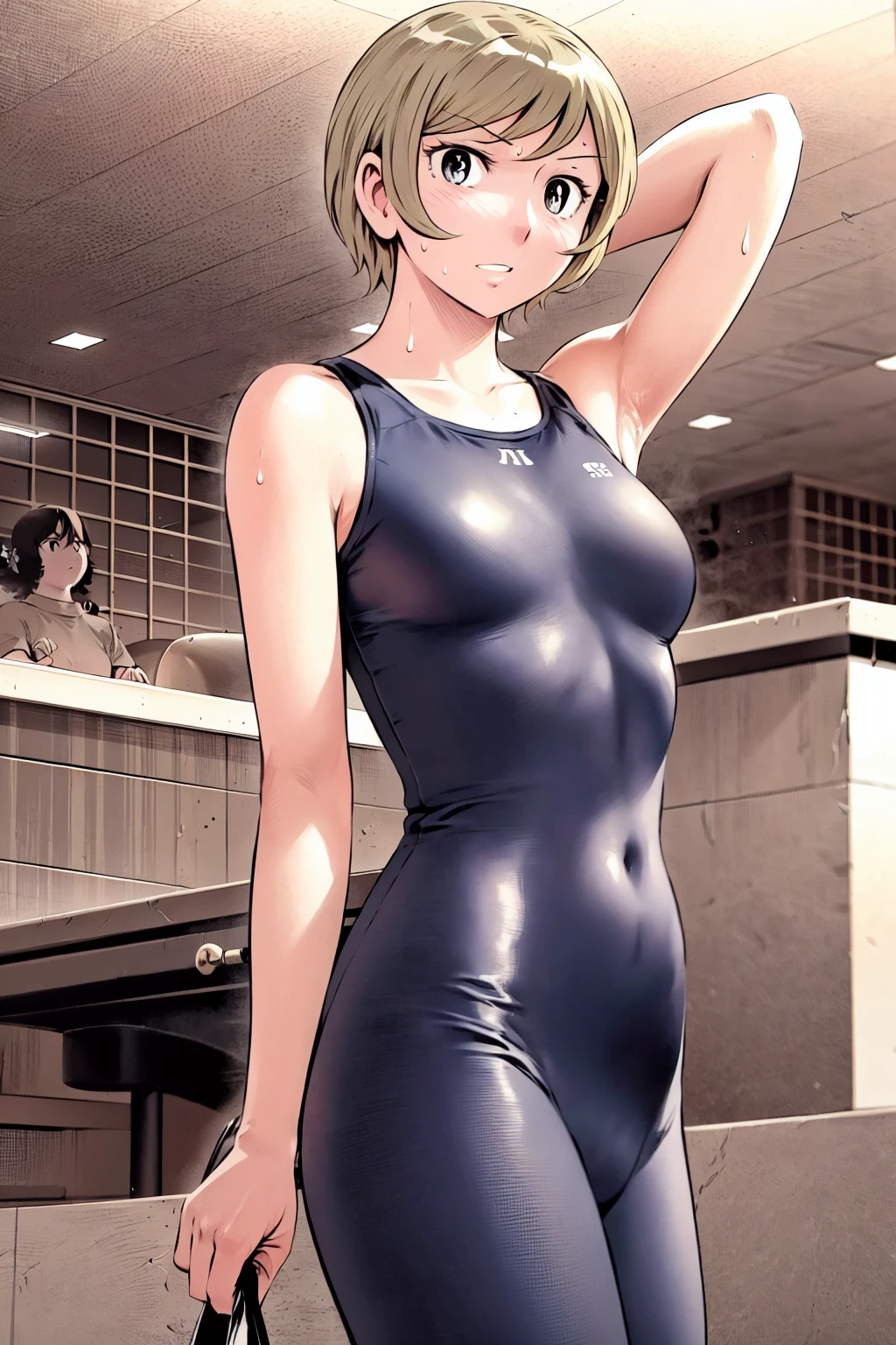 Blue school swimsuit、(masterpiece、Highest quality)、Highest quality, Ultra-high resolution, (((masterpiece))), alone, Sweat、Big eyes, Composition from the front、Shortcuts、Embarrassed face、Blonde、Cut your hair short、School swimming pool、short hair、 Line、Browsing Caution、Butt