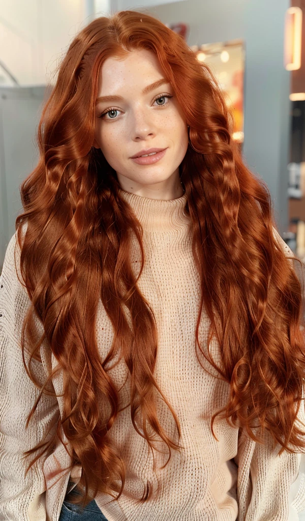 a close up of a woman with long red hair wearing a sweater, brown red long hair, ginger wavy hair, red long wavy hair, long glowing red hair, rusty colored long hair, long loose red hair, long wavy red hair, red long hair, long red hair, long flowing red hair, coral brown hair, long wavy auburn hair, wavy big red hair