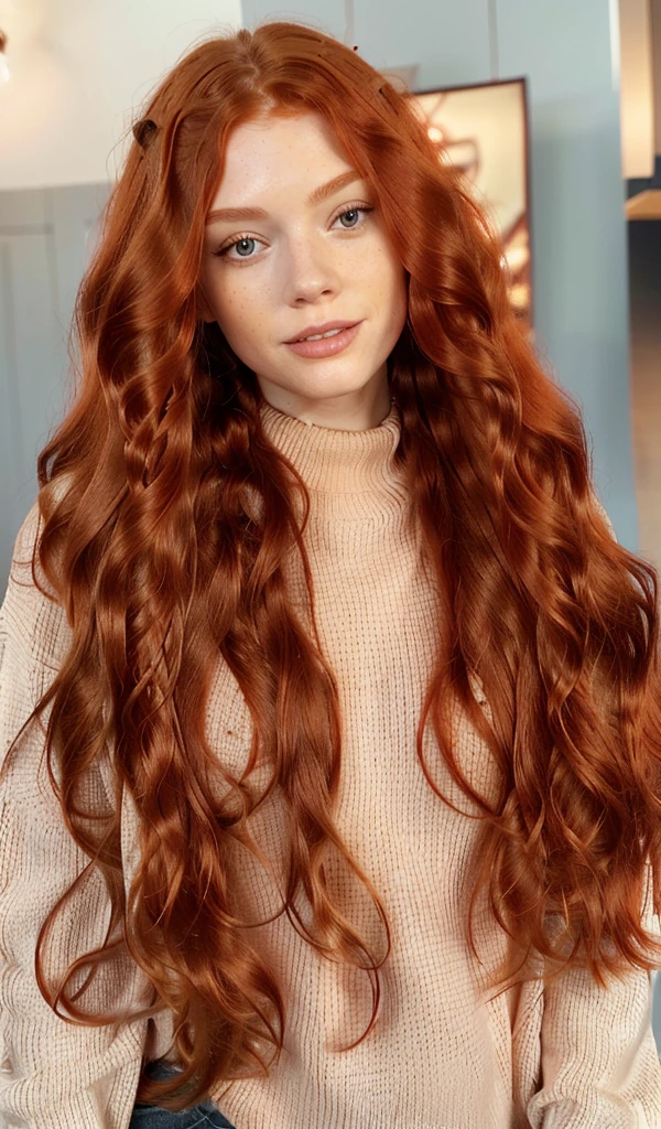 a close up of a woman with long red hair wearing a sweater, brown red long hair, ginger wavy hair, red long wavy hair, long glowing red hair, rusty colored long hair, long loose red hair, long wavy red hair, red long hair, long red hair, long flowing red hair, coral brown hair, long wavy auburn hair, wavy big red hair