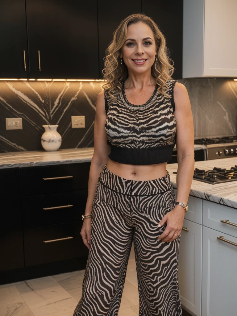 Dawn Zulueta, a solo photorealistic of Dawn Zulueta, Mature woman, (((45 years old woman))), (((Swedish brown eyes))), Swedish lips, Swedish high nose, (((with body and face wrinkle))), (((Swedish light blond long wavy curly blond hair))), (((In the sleek, sophisticated ambiance of a black marble-themed kitchen, she seductively stands with an air of elegance and confidence. The kitchen exudes modern luxury, with glossy black marble countertops that reflect a subtle sheen under the ambient lighting. The veining in the marble adds a touch of texture and visual interest to the space, creating a dynamic backdrop.))), (((she is wearing a zebra print knitted coordinates. Zebra print sleeveless crop top; Zebra print flare pants))), Let your face light up with a wide smile, crinkling your eyes at the corners and showing off your teeth. Radiate happiness and warmth., (((dynamic pose)))
