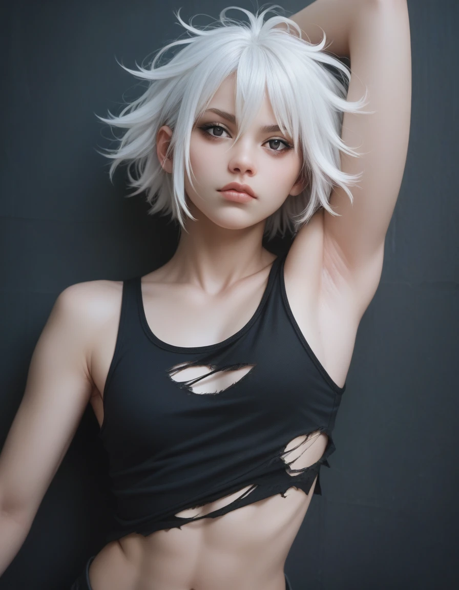girl, ripped abs, armpits, biceps, black tank top, white hair, short hair, messy hair, black eyes,  face