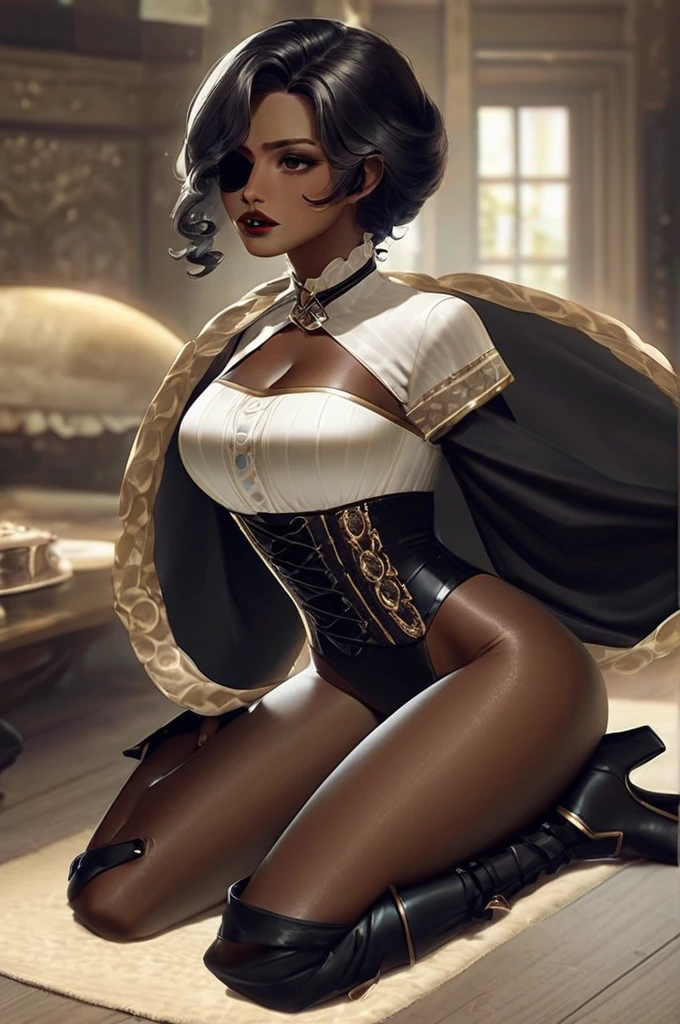 ((Лучшее качество)), ((шедевр)), (подробный), girl pirate  red_lips  adult  black_hair  eye_patch  brown_skin_corset  skin_jackboots  badroom  ???  full body