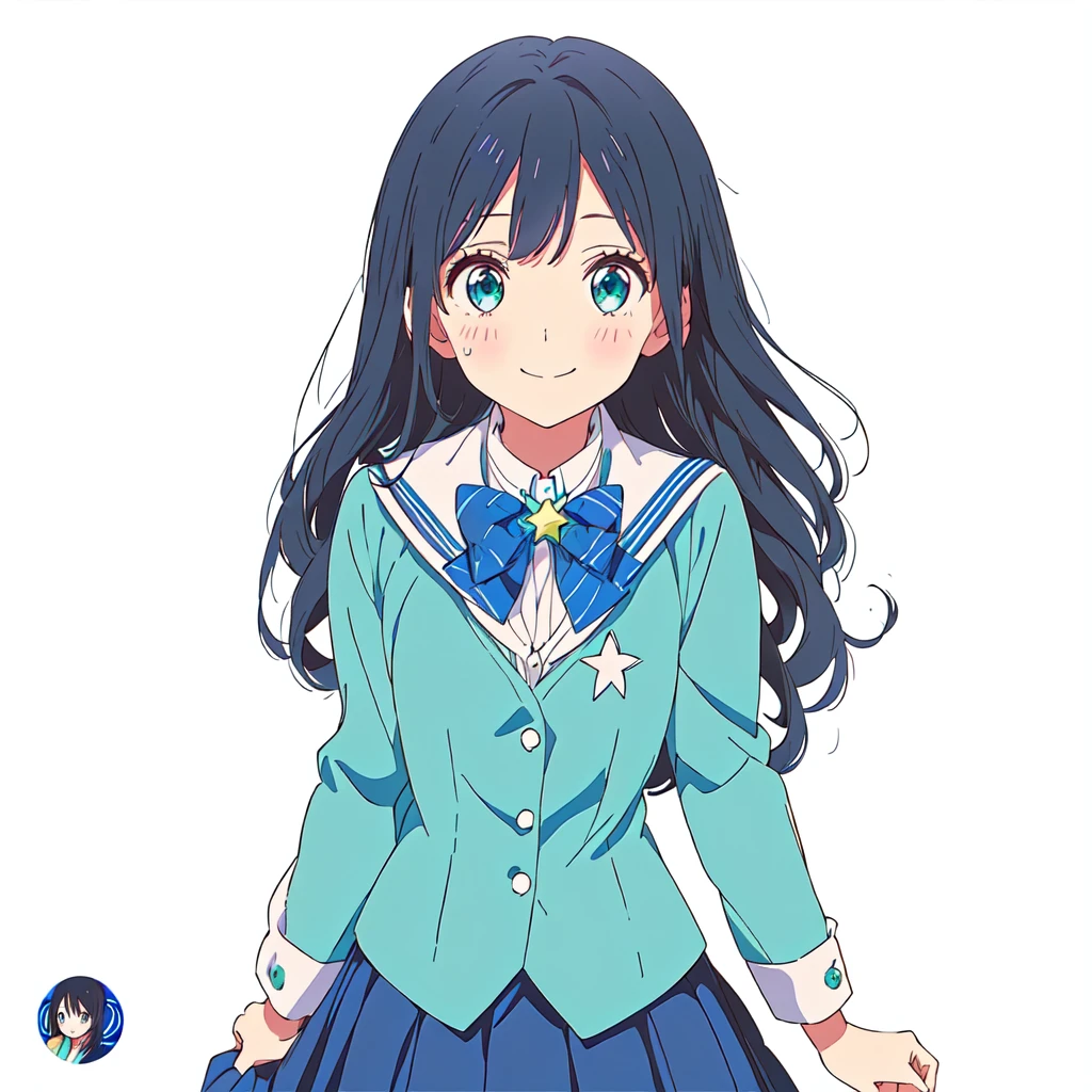 anime girl in a blue suit and tie with a smile, typical nerd, anime moe artstyle, mihoyo art style, chiho, from cryptid academia, Love Lab, stylized anime, young anime girl, anime style character, anime stylized, yuruyuri, a girl with fair skin long black hair and grayish-green eyes, she wears a star-shaped pendant, the same color as her eyes, around a circle the girl is tall and wears a Japanese sailor of color aqua green and blue bow tie, ((small-breasts:0.55)), anime, masterpiece, best Quality, cinematic lighting, drawn Art, clip studio paint, anime wallpaper, deep color, cel-shaded, ((walking in the city))