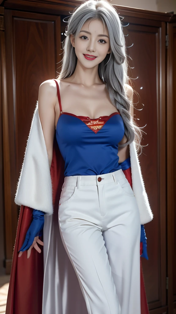 ,rich and colorful,(masterpiece:1,2), best quality, masterpiece, high resolution, The original, Extremely detailed wallpaper, 1 Girl ,Smile,Solitary, Gray hair, blue eyes, The original_clothing,Red Cape,White pants, Gloves, breast, , large breast