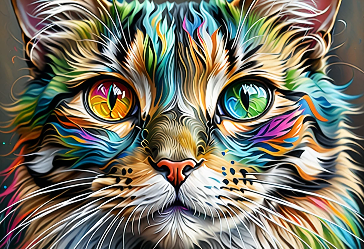 painting of a Cat with a colorful face and eyes, Airbrush paintings inspired by Sam Spratt, Shutterstock, fur art, Digital Painting Very detailed, Very detailed Digital Painting, Cat. Digital Painting, 4k Very detailed Digital Art, Beautiful Art UHD 4K, Detailed painting 4k, Very detailed Digital Art, Digital Art. Very detailed
