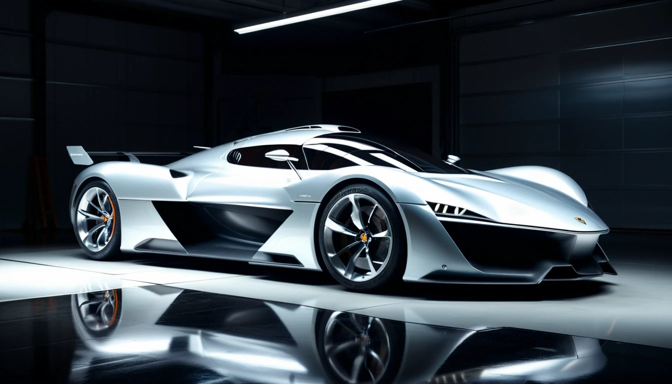 Futuristic sports car, minimalist garage, sleek design, metallic paint, studio lighting, by WETA Workshop and Vehicle Design, artstation, hyperrealistic, (shadows:1.5) for depth, (reflections:1.5) on the car body
