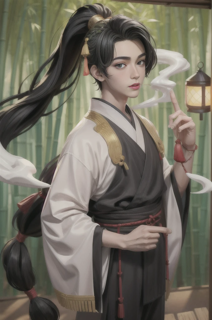 (masterpiece:1.2),best quality,PIXIV,Chinese style,hair ornament,solo,jewelry,black hair,long hair,boy in a bamboo forest, long black hair, ponytail, green headdress, carrying a lantern, bamboo leaves falling, hazy smoke, green Hanfu,23 year old boy,1boy,pretty 23 year old boy,professional boy photo, photo of boy 23 years old, perfect body boy,mature beautiful face,fair skin,super scale, 24k,hdr,perfect body boy,blush, big Ogi folding fan,parted lips,black eyes,tassel,lips,chinese clothes,pretty boy