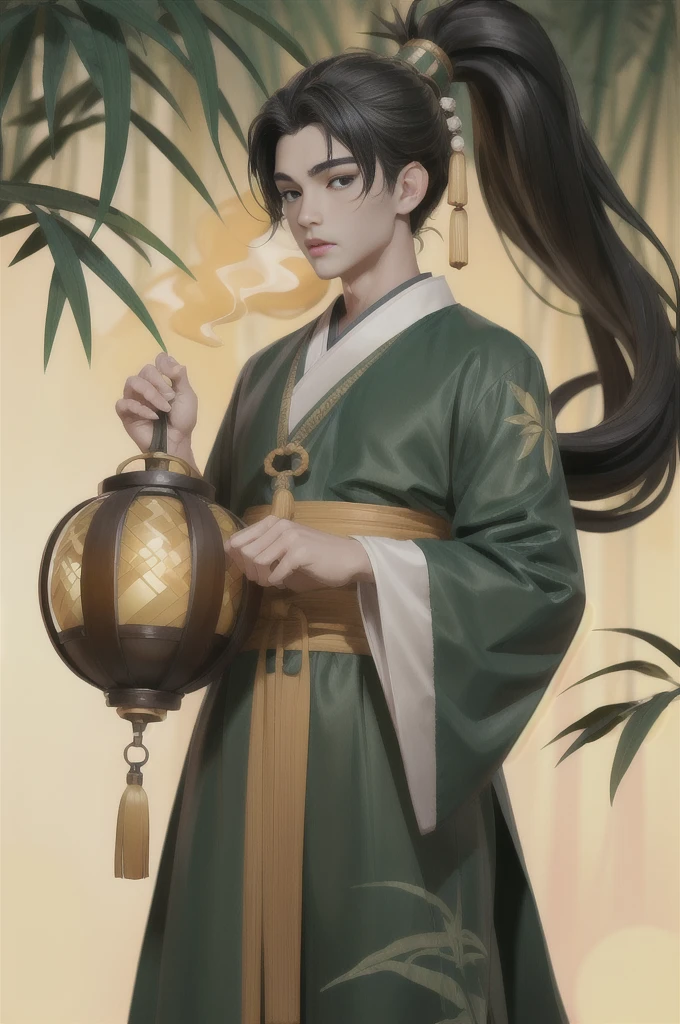 (masterpiece:1.2),best quality,PIXIV,Chinese style,hair ornament,solo,jewelry,black hair,long hair,boy in a bamboo forest, long black hair, ponytail, green headdress, carrying a lantern, bamboo leaves falling, hazy smoke, green Hanfu,23 year old boy,1boy,pretty 23 year old boy,professional boy photo, photo of boy 23 years old, perfect body boy,mature beautiful face,fair skin,super scale, 24k,hdr,perfect body boy,blush, big Ogi folding fan,parted lips,black eyes,tassel,lips,chinese clothes,pretty boy