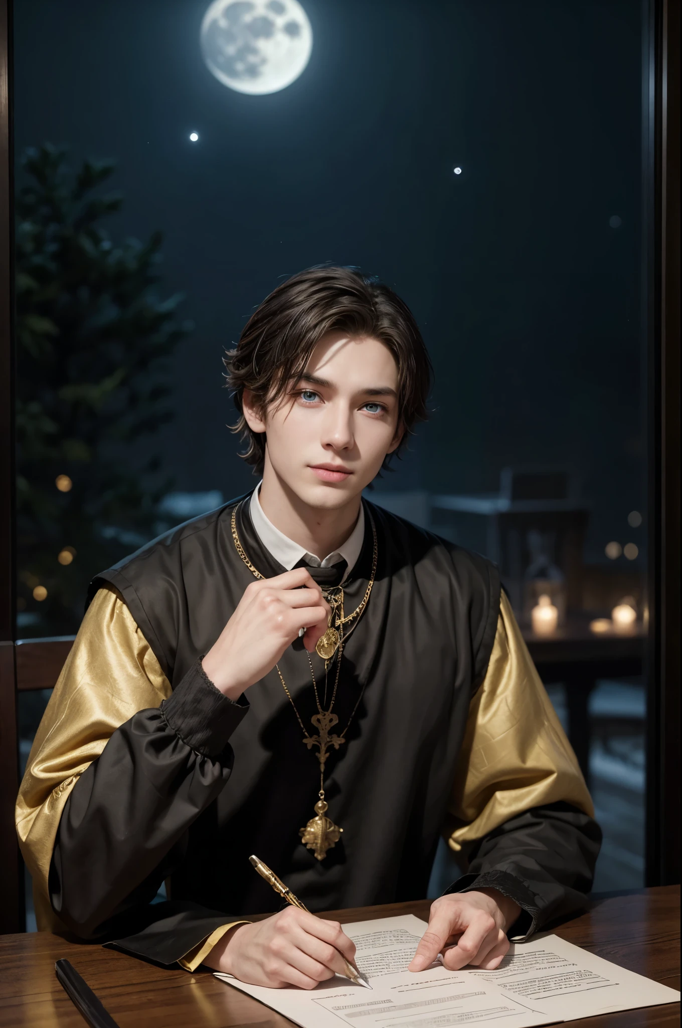 Create a 3D image of a tall young man with short hair and blue eyes, dressed in medieval style clothes in black and gold colors. He's sitting at the table, Meticulously organized with documents and a quill pen, but instead of writing a letter, he is looking at the Bible with a happy expression. Beside him, there is a window that shows the outside at night, with the moon shining in the sky. Moonlight shines through the window, creating a soft and magical effect on the scene, highlighting the joy on the young man's face as he contemplates the Bible."