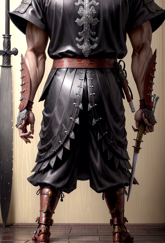 hyper realist, extremely detaild, intricate details, digital art of a Japanese warrior standing sideways, looking sad at the floor ,with light black clothes and holding only a sword in each hand pointed downwards on a sad rainy day. fancy