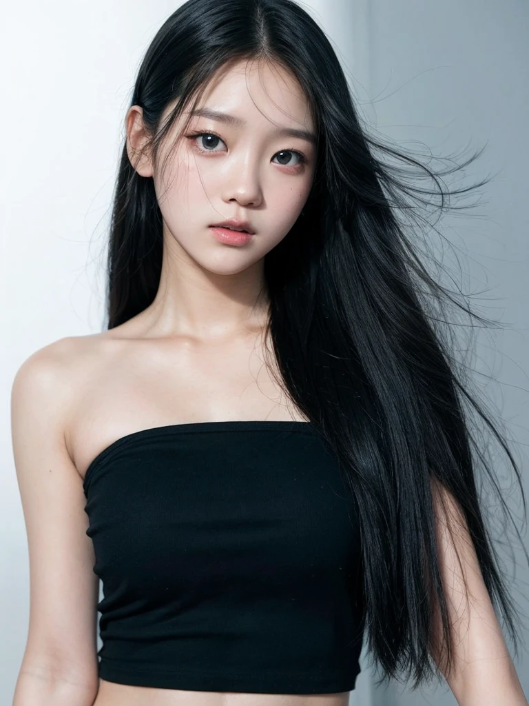 A perfect young female white-collar worker,Chinese,High picture quality,Works of masters,Black hair,Long hair flowing over the shoulders,Blured background,outside, deep shadow, Real Human,CG rendering,16k,Stand up,Empty interior,Do not show your hands,Close-up shot