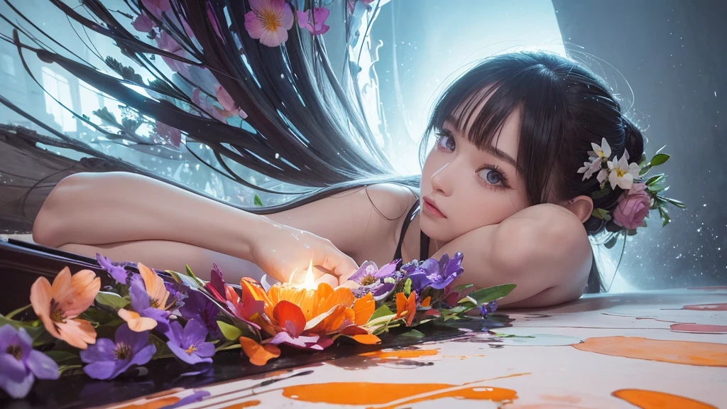 32k, Masterpiece, Highest quality, One girl, Detailed eyes, flower,Alstroemeria, White and orange style,A dreamy, romantic piece,Pale purple, Mysterious Leaves,A playful arrangement,Fantasy,High Contrast,Ink strokes,explosion,Exposure, Impression of white and orange tones,Abstract,((Watercolours by John Berkey and Jeremy Mann )) Brush strokes,Negative Space, Tyndall effect,