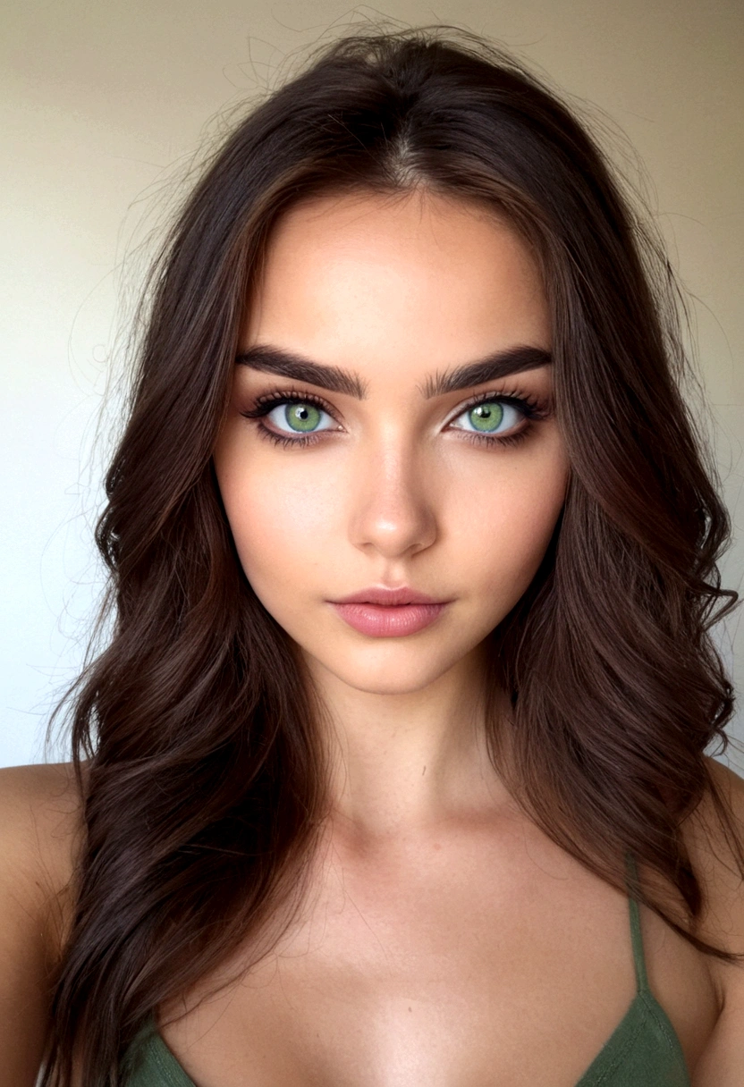 Arafed Femme portant un débardeur blanc et un collier, Fille sexy aux yeux verts, peau bronzée, Portrait Sophie Mudd, cheveux bruns et grands yeux, selfie d'une jeune femme, yeux de la chambre, Violette Myers, sans maquillage, Maquillage naturel, regardant directement la caméra, Cara con artgram, maquillage subtil, Impresionante foto de corps entier, yeux verts perçants, bel angle, pose attrayante, Mignon , pose sexy, Image du corps entier, corps entier, séance photo sur tout le corps, déesse brune, Détail élevé, Pose satisfaite, pantalon en cuir