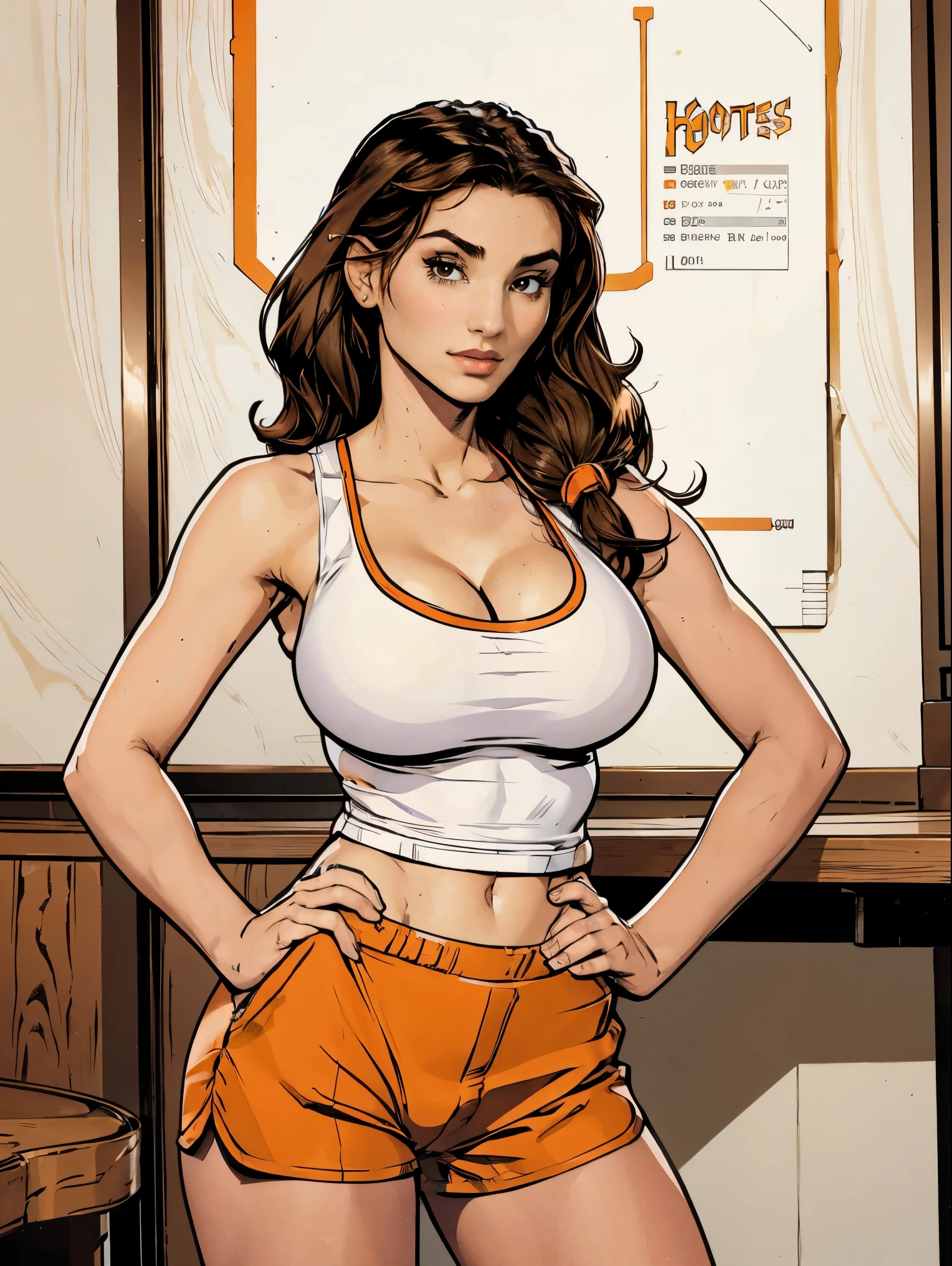 Gorgeous and sultry busty athletic (thin) brunette with sharp facial features and a (large nose) wearing a (Hooters uniform), white tank top, "Hooters", orange minishorts, notepad, restaurant