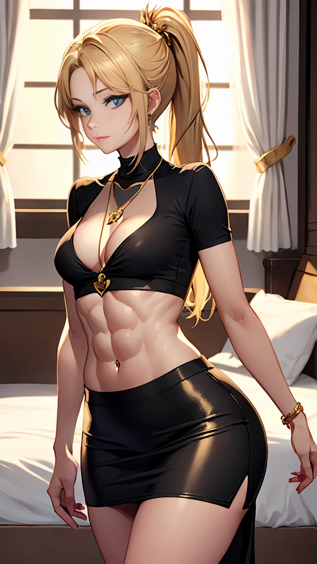 Beautiful woman with long straight ponytail blond hair with blue eyes wearing a Black Tight Skirt With Golden Dragon Prints, a Red Sexy Criss Cross Mock Neck Short Sleeves Blouse With Phoenix Prints, luxurious jewelry and a luxurious necklace, 18k gold wedding ring on left hand, standing in a bedroom at night of full moon, (caucasian skin), (light brown lipstick), (elegant mascara), (slim body with abs), (small breasts), (wide hips), midjourney, <lora:GoodHands-, <lora:GoodLegs-, UHD, high resolution, (masterpiece:1.1, best quality), (expressive eyes, perfect face, full body, expressive face, perfect body, perfect pussy, athletic, fit, slim body, blushing, Perfect makeup, eyeliner, beautiful eyelashes, smiling, horny face), ((best illumination, best shadows)), ((sexy pose))