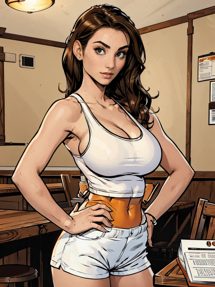 Gorgeous and sultry busty athletic (thin) brunette with sharp facial features and a (large nose) wearing a (Hooters uniform), white tank top, "Hooters", orange minishorts, notepad, restaurant