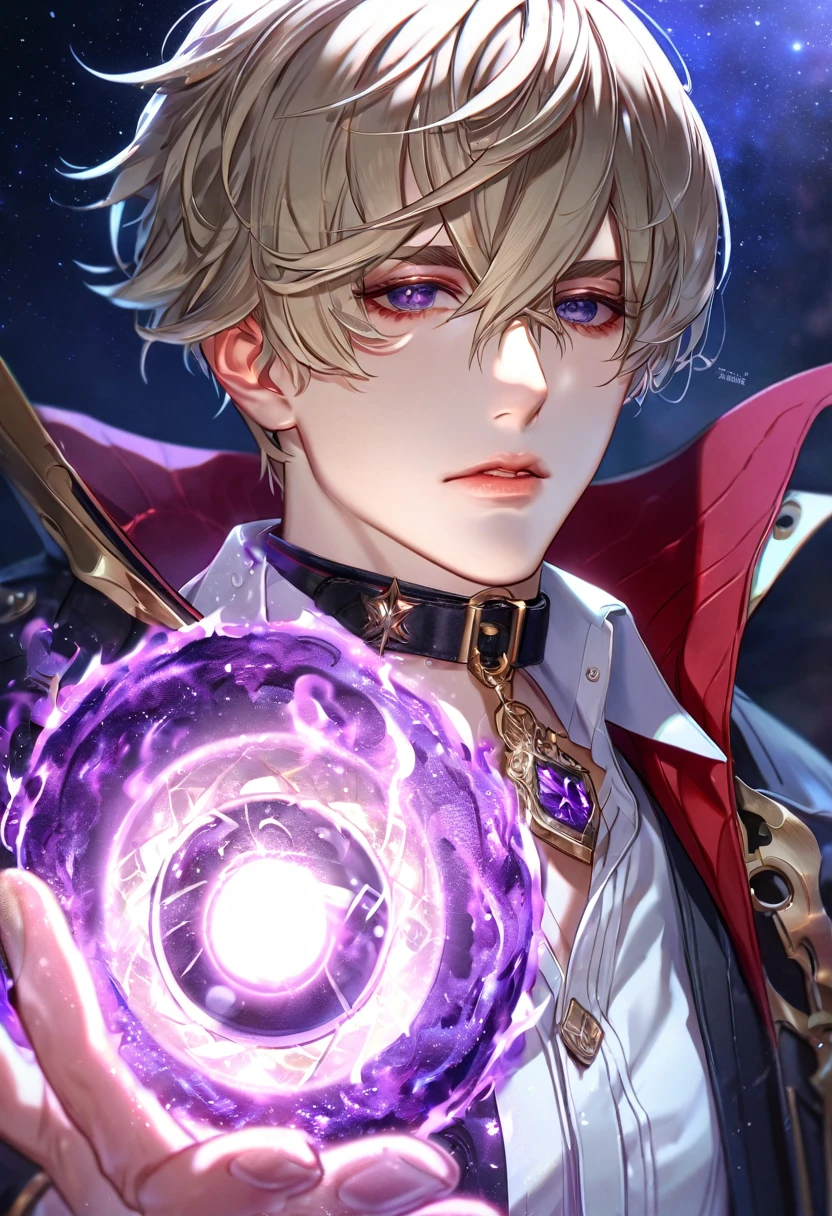 absurdres, highres, ultra detailed, HDR, master piece, best quality, extremely detailed face, delicated features, Julius Visconti, ash-blonde messy hair, short hair, hair that has bangs hanging on the left side, hair between the eyes, God Eater 2, solo, sexy man, handsome, a black collar with gold buckle, black coat, with gold accents, white shirt, fantasy, magic, radiant, purple moon, starry, purple flames