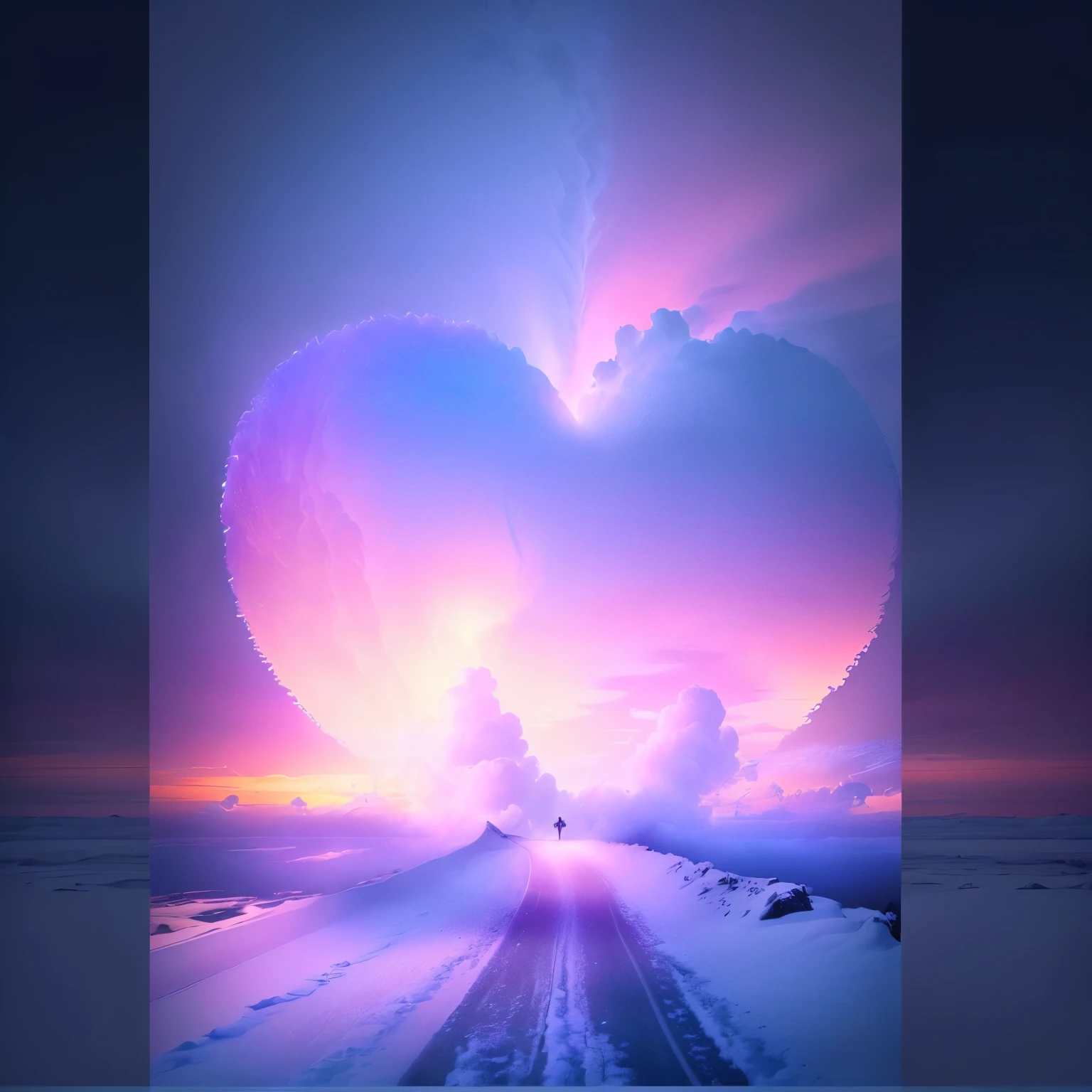 there is a Heart shaped cloud in the sky over a snowy road, the most beautiful image ever seen, Stunning epic visual effects, made of cotton candy, Love is the beginning of everything, Beautiful digital art, Heart effects, Beautiful Artwork, (Heart), Beautiful Art, Beautiful visuals, 8K)), magic Heart, 把Heart往天空上面抬高一点,The blue of the sky deepens a little,一只狗在向Heart走,Pink dog