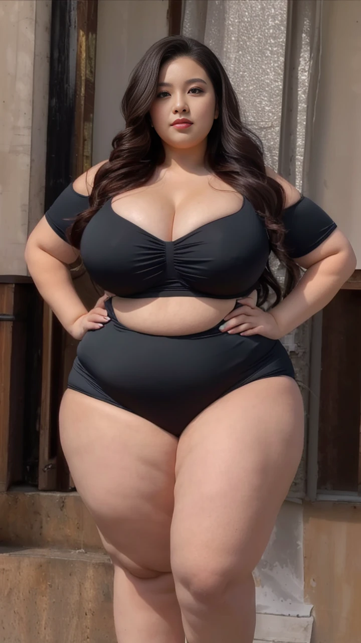 ((best quality)), ((masterpiece)), (detailed), perfect face, araffeTight skirtsShort , thicc, wavy short hair, she has a jiggly fat round belly, bbwchan, wearing tight simple clothes, skinny waist and thick hips, widest hips, her belly is fat and round, soft curvy shape, hyperrealistic full figure, wearing a cute top, wide hips, Blue swimsuit,On the beach by the seaBlue