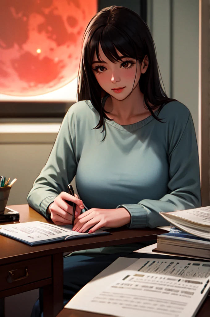 1girl sitting her desk, studying in her room, doing homework, a studyroom with a window, Red moon in the background, stars, space, (lightroom:1.13), soft light,  sharp focus, focused,[[realistic]]