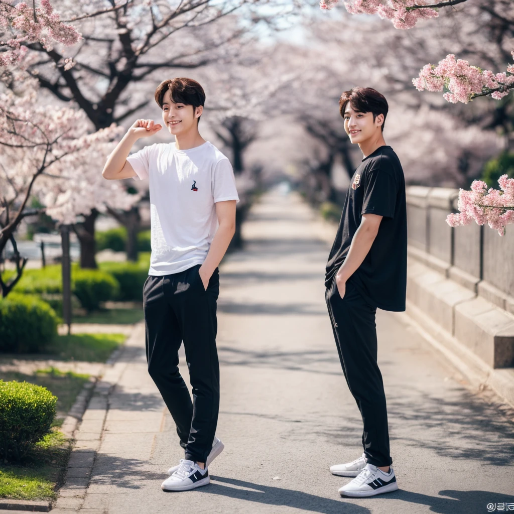 ((hyperdetail)), ((hyperrealistic)), ((hyperrealism)), Professional, Angle camera shooting from below, realistic, High level of detail, Full body photo of 25 years old Korean male, alone, just 1 man, one man, face like Jungkook BTS, nice hair like Jungkook BTS hair, nice eyes, wearing plain t-shirt, wearing sneakers, full body, fit body almost 75 kg bodyweight weight and 185 cm body height, fit body like gym trainer, not thin and not fat, standing posing for a photo, chill on a city park, photogenic pose, smile pose, (random standing pose: 1.3) ,Natural light, (Attractive young man:1.3), (seductive:1.1), (blush:1.1), bacgkround at street near seoul district , cherry blossom at Seoul, beautiful cherry blossom, shower of sunshine, ((cool pose)), ((gentleman pose)), ((ISO 1600)), ((50mm lens)), ((wide shot)),