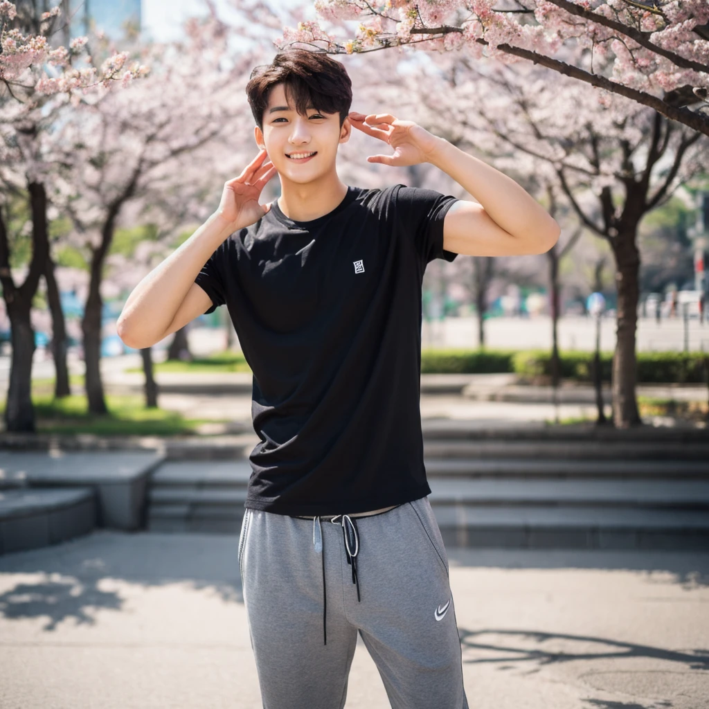 ((hyperdetail)), ((hyperrealistic)), ((hyperrealism)), Professional, Angle camera shooting from below, realistic, High level of detail, Full body photo of 25 years old Korean male, alone, just 1 man, one man, face like Jungkook BTS, nice hair like Jungkook BTS hair, nice eyes, wearing plain t-shirt, wearing sneakers, full body, fit body almost 75 kg bodyweight weight and 185 cm body height, fit body like gym trainer, not thin and not fat, standing posing for a photo, chill on a city park, photogenic pose, smile pose, (random standing pose: 1.3) ,Natural light, (Attractive young man:1.3), (seductive:1.1), (blush:1.1), bacgkround at street near seoul district , cherry blossom at Seoul, beautiful cherry blossom, shower of sunshine, ((cool pose)), ((gentleman pose)), ((ISO 1600)), ((50mm lens)), ((wide shot)),