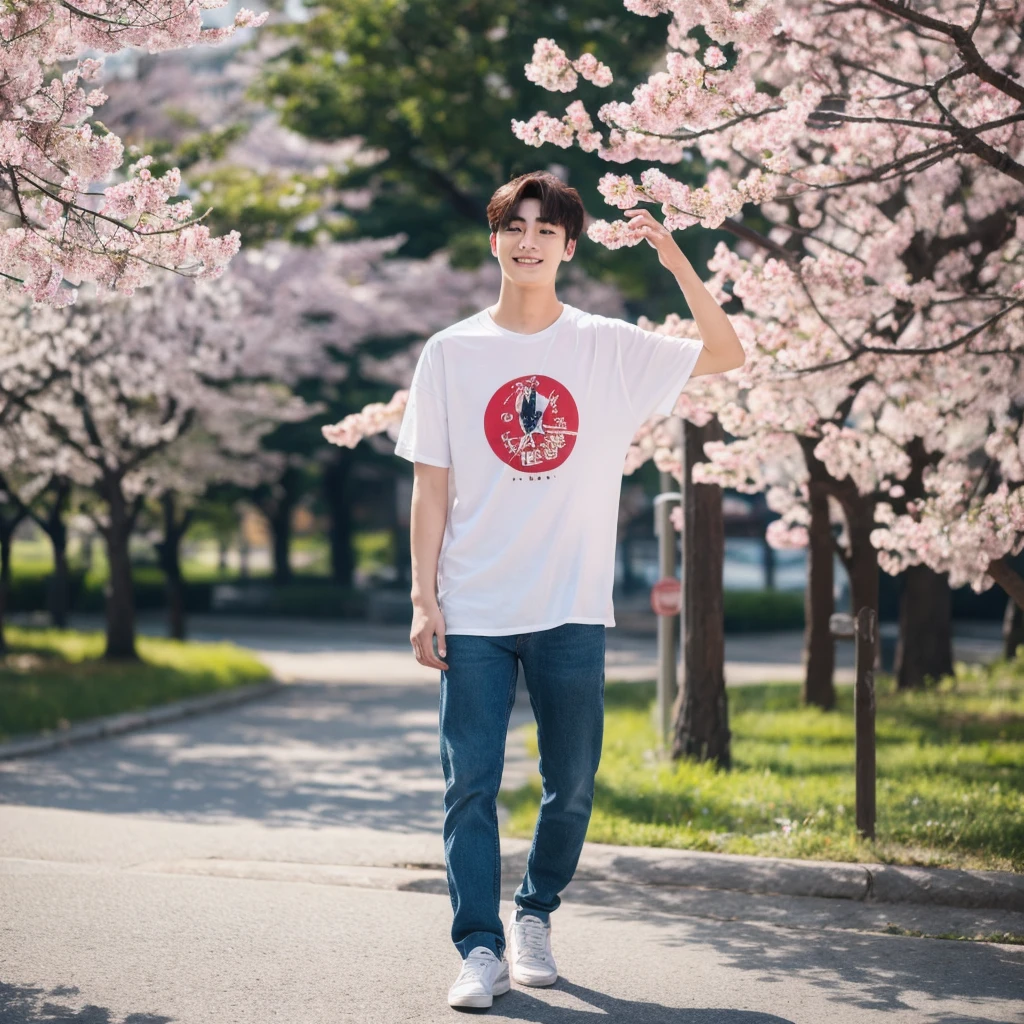 ((hyperdetail)), ((hyperrealistic)), ((hyperrealism)), Professional, Angle camera shooting from below, realistic, High level of detail, Full body photo of 25 years old Korean male, alone, just 1 man, one man, face like Jungkook BTS, nice hair like Jungkook BTS hair, nice eyes, wearing plain t-shirt, wearing sneakers, full body, fit body almost 75 kg bodyweight weight and 185 cm body height, fit body like gym trainer, not thin and not fat, standing posing for a photo, chill on a city park, photogenic pose, smile pose, (random standing pose: 1.3) ,Natural light, (Attractive young man:1.3), (seductive:1.1), (blush:1.1), bacgkround at street near seoul district , cherry blossom at Seoul, beautiful cherry blossom, shower of sunshine, ((cool pose)), ((gentleman pose)), ((ISO 1600)), ((50mm lens)), ((wide shot)),