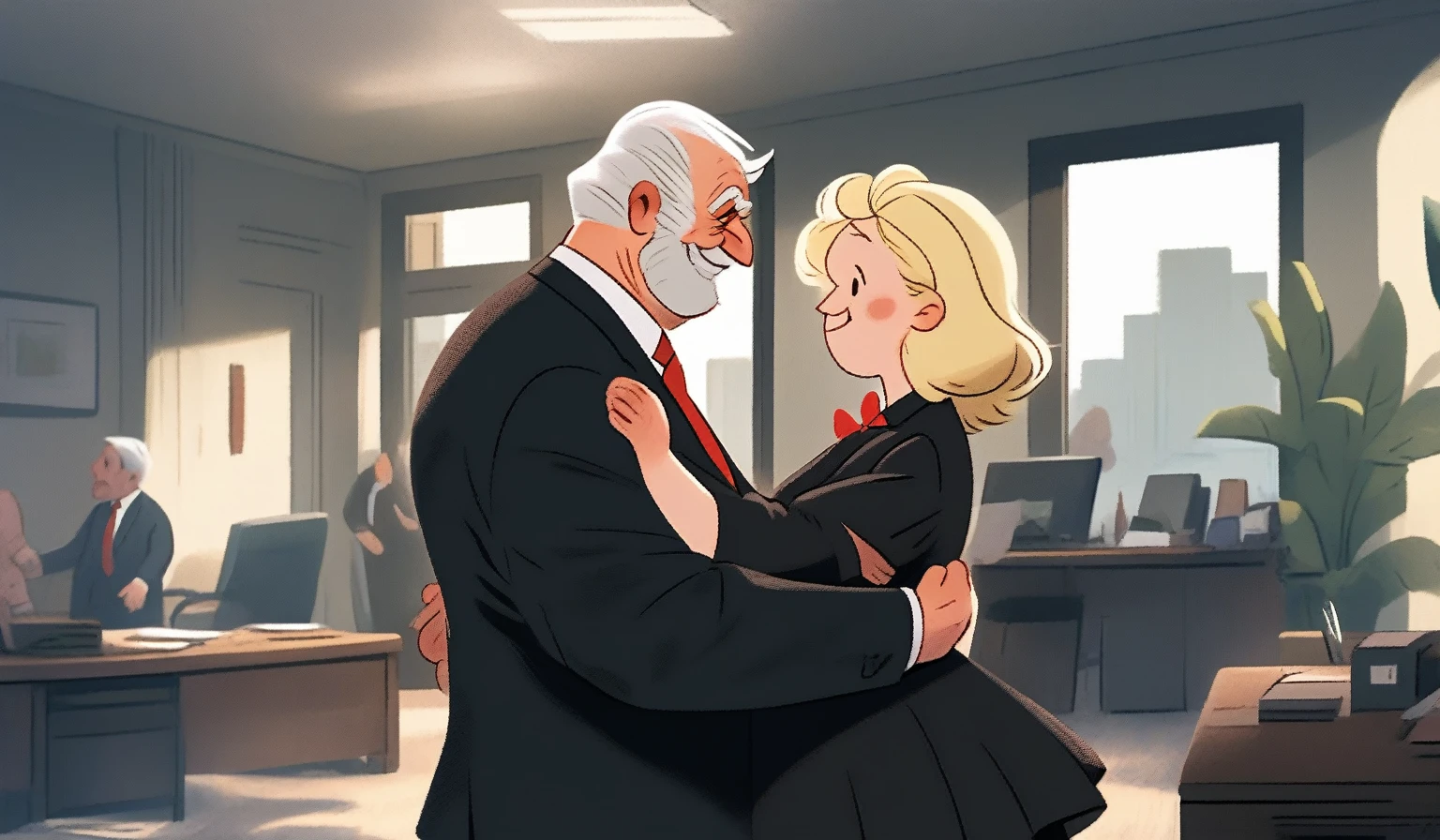 children's picture books,crayon paintings, children's picture books,crayon paintings, children's picture books,crayon paintings, blushes, 1 old man, fat, mafia boss, in black suite, red tie, side view, dancing with his blond wife, black dress in the office