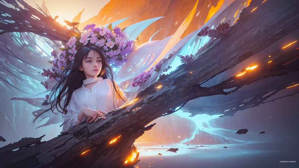 32k, Masterpiece, Highest quality, One girl, Detailed eyes, flower,Alstroemeria, White and orange style,A dreamy, romantic piece,Pale purple, Mysterious Leaves,A playful arrangement,Fantasy,High Contrast,Ink strokes,explosion,Exposure, Impression of white and orange tones,Abstract,((Watercolours by John Berkey and Jeremy Mann )) Brush strokes,Negative Space, Tyndall effect,