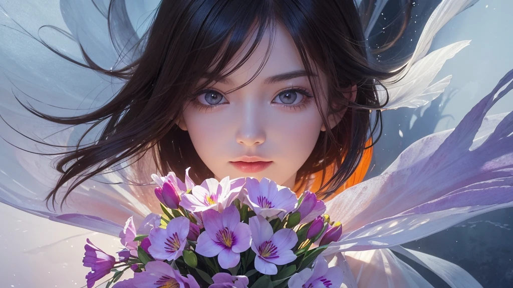 32k, Masterpiece, Highest quality, One girl, Detailed eyes, flower,Alstroemeria, White and orange style,A dreamy, romantic piece,Pale purple, Mysterious Leaves,A playful arrangement,Fantasy,High Contrast,Ink strokes,explosion,Exposure, Impression of white and orange tones,Abstract,((Watercolours by John Berkey and Jeremy Mann )) Brush strokes,Negative Space, Tyndall effect,