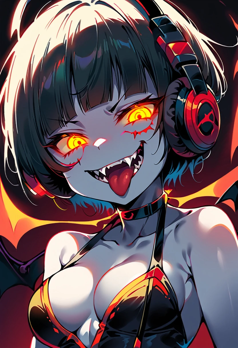 (extremely detailed fine touch:1.3), (2D:1.3), devil girl, (super very short hair:1.3), blunt bangs, (yellow glasses:1.3), underrim, headphones, devil's wings, white skin, Tsurime Eyes, (glowing eyes:1.4), evil smile, (fangs:1.2), tongue out, red cheek, mini dress, medium breasts, clavicle, cleavage, bat, hell