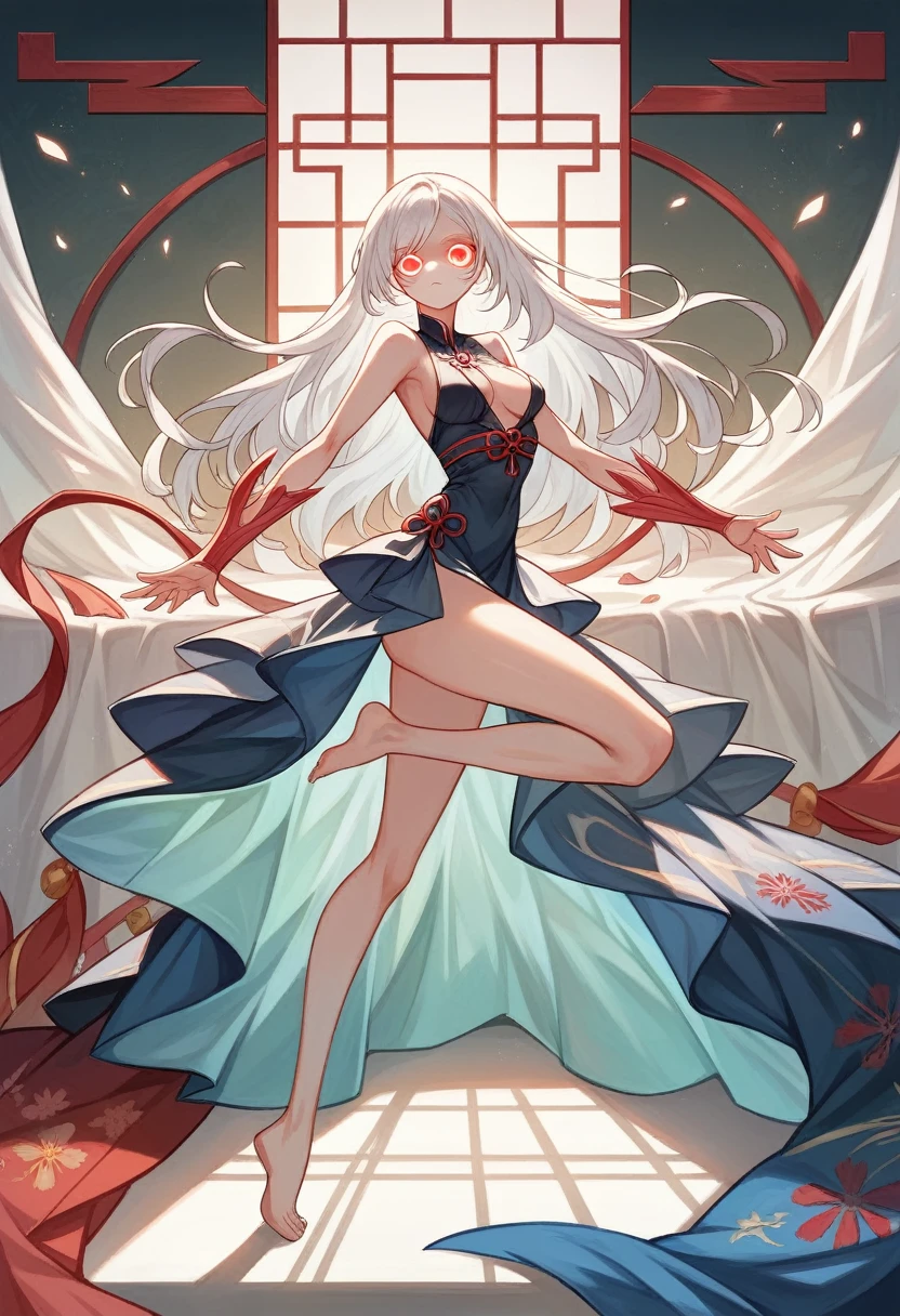 (Ultra Real), (illustration), (high resolution), (8k), (Very detailed), (Best illustration), (Beautiful detailed eyes), (Best Quality), (super detailed), (Masterpiece), (wallpaper), (detailed face), Alone, (dynamic pose), A girl, Wavy white hair in bed, Lose clothes, japanese person, iris colored eyes, (((very thin, Small and short evening dress)), medium breasts, long legs, Best leg walk, (no panties), (without bra)