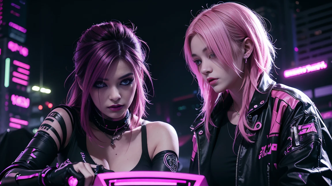 arafed woman in a black top and pink hair standing next to a DJ's mixer, rave girl, raver girl, DJ rave, unreal engine, rave makeup, in cyberpunk style, has cyberpunk style, rave inspired, cyber punk setting, cyberpunk vibes, cyberpunk vibe, beautiful cyberpunk woman model, cyberpunk style color