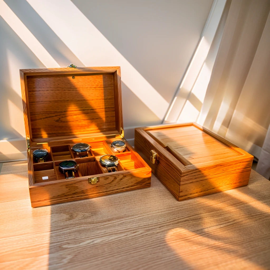 In this cozy room,A ray of sunlight shone through the half-drawn curtains on the table,Let the wood grain on the watch storage box shine with a faint er。There was a calm and peaceful atmosphere in the air around them。There are several still lifes hanging on the walls of the room,It adds a touch of elegance to the space。And on the other side of the room,The half-open window lets in the breeze,The pages on the small desk by the window turned in the wind,This quiet scene gives a sense of tranquility and comfort。