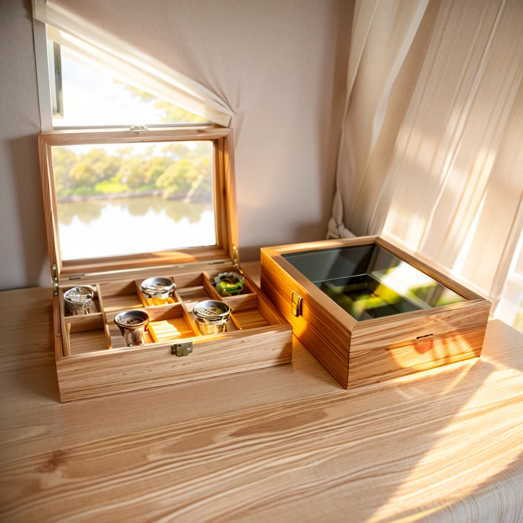 In this cozy room，A ray of sunlight shone through the half-drawn curtains on the table，Let the wood grain on the watch storage box shine with a faint luster。There was a calm and peaceful atmosphere in the air around them。There are several still lifes hanging on the walls of the room，It adds a touch of elegance to the space。And on the other side of the room，The half-open window lets in the breeze，The pages on the small desk by the window turned in the wind，This quiet scene gives a sense of tranquility and comfort。

