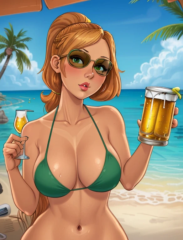 (best quality:1.3), (4K quality),masterpiece, best quality, high res, detailed, (Detailed face:1.2), (Detailed eyes:1.2), (Hourglass figure:1.2), CARTOON, ANIME, CARTOON ARTSTYLE, 1girl, solo, 36-years-old, tan olive skin, short blonde hair, pony tail style hair, emerald eyes, eyeshadow, mascara, red lipstick, puckered lips, ((Wearing a flossing green bikini and sunglasses)), walking, ((holding a beer can in one hand)), beautiful beaches, palm trees, beach resort, beach vacation, summer getaway, relaxed atmosphere, cinematic lighting, sunset, detailed background,

