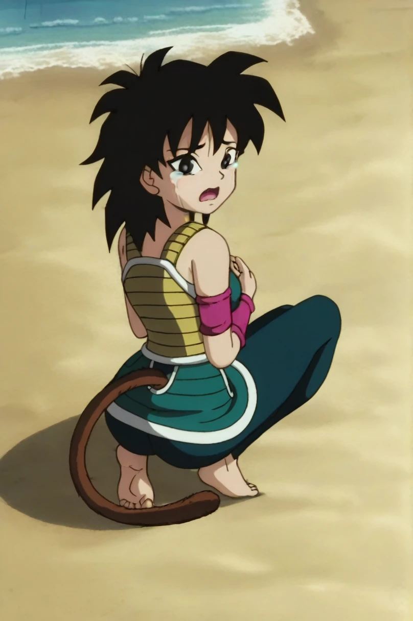 fountain_cheered up, score_9,score_8_above, score_7_above, ginedb, cheered up screencap,
1 girl, Alone, old, looking at the viewer, Open mouth, is, black fur, sand, bare shoulders, medium old, clavicle, aboveper body, dientes, black eyes, tearing above, eyelashes, pink wristband, d:, saiyajin armadura, green skirt, Eyebrows, green saiyajin armadura, Moonlight, sexy butt showing to viewer