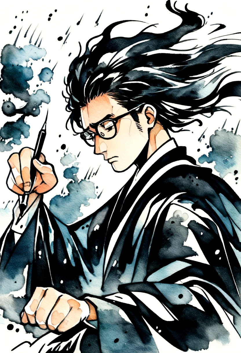 ink art style, black and white, abstract, watercolor painting style, blurs, drawing of a young man, artist man, elegant old clothes, writer man, desperate man ,stressed, rampant, writing with ink, very inspired man, unkempt black hair, glasses, epic , ink and writing powers, rage, strong wind clothes with the wind, rain , black and white, epic, exaggerated pose