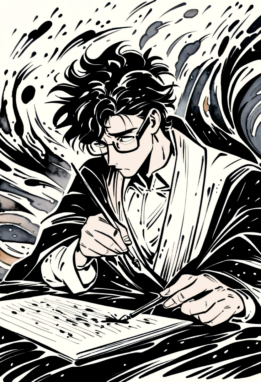 ink art style, black and white, abstract, watercolor painting style, blurs, drawing of a young man, artist man, elegant old clothes, writer man, desperate man ,stressed, rampant, writing with ink, very inspired man, unkempt black hair, glasses, epic , ink and writing powers, rage, strong wind clothes with the wind, rain , black and white, epic, exaggerated pose