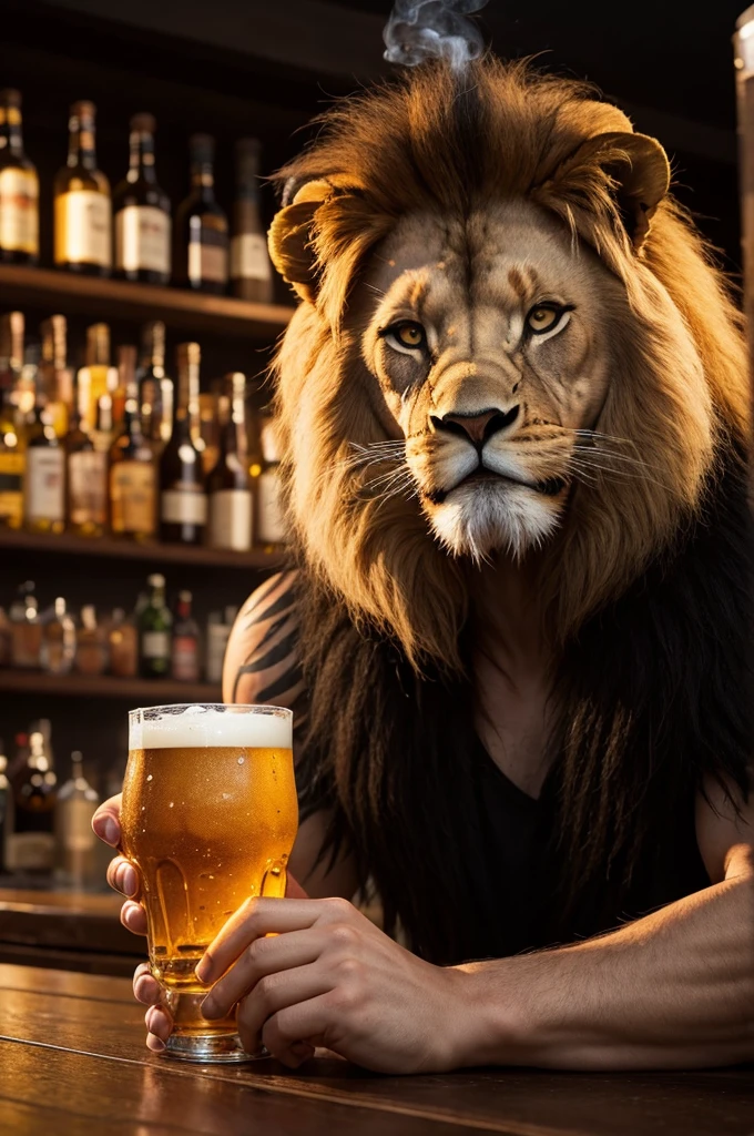 ( a lion with only centered face drinking a beer and smoke throughout the photo)