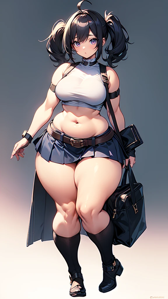 blank background, (((full body))), (masterpiece), ((best quality)), (very short girl), flat chest, short twintail, (wide hips:1.4), (thick thighs:1.4), (very short skirt), toeless footwear, belt below navel, fanny packs, bags