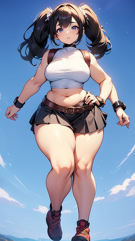 blank background, (((full body))), (masterpiece), ((best quality)), (very short girl), flat chest, short twintail, (wide hips:1.4), (thick thighs:1.4), (very short skirt), toeless footwear, belt below navel, fanny packs, bags