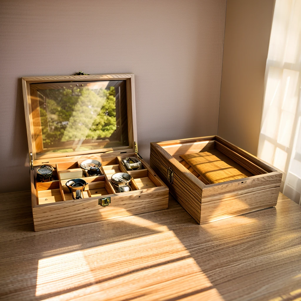 In this cozy room，A ray of sunlight shone through the half-drawn curtains on the table，Let the wood grain on the watch storage box shine with a faint luster。There was a calm and peaceful atmosphere in the air around them。There are several still lifes hanging on the walls of the room，It adds a touch of elegance to the space。And on the other side of the room，The half-open window lets in the breeze，The pages on the small desk by the window turned in the wind，This quiet scene gives a sense of tranquility and comfort。


