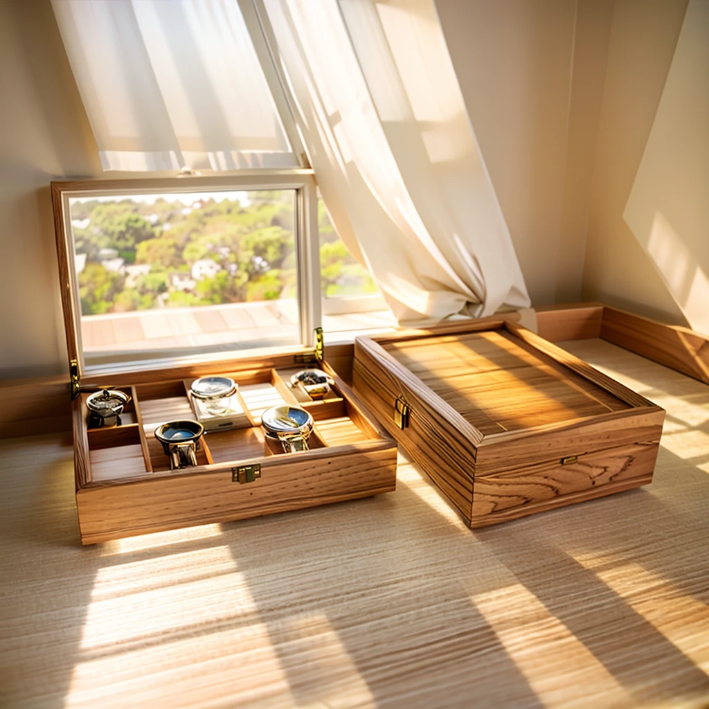 In this cozy room,A ray of sunlight shone through the half-drawn curtains on the table,Let the wood grain on the watch storage box shine with a faint luster。There was a calm and peaceful atmosphere in the air around them。There are several still lifes hanging on the walls of the room,It adds a touch of elegance to the space。And on the other side of the room,The half-open window lets in the breeze,The pages on the small desk by the window turned in the wind,This quiet scene gives a sense of tranquility and comfort。