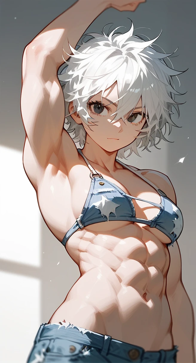 girl, ripped abs, armpits, biceps, bikini, , white hair, short hair, messy hair, black eyes,  face